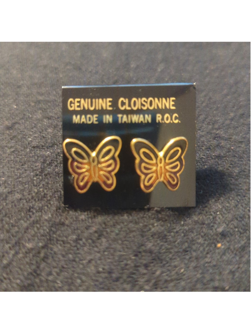 Vintage 1970's Gold Tone Black Red Orange Cloisonne Butterfly Stud Earrings NOS